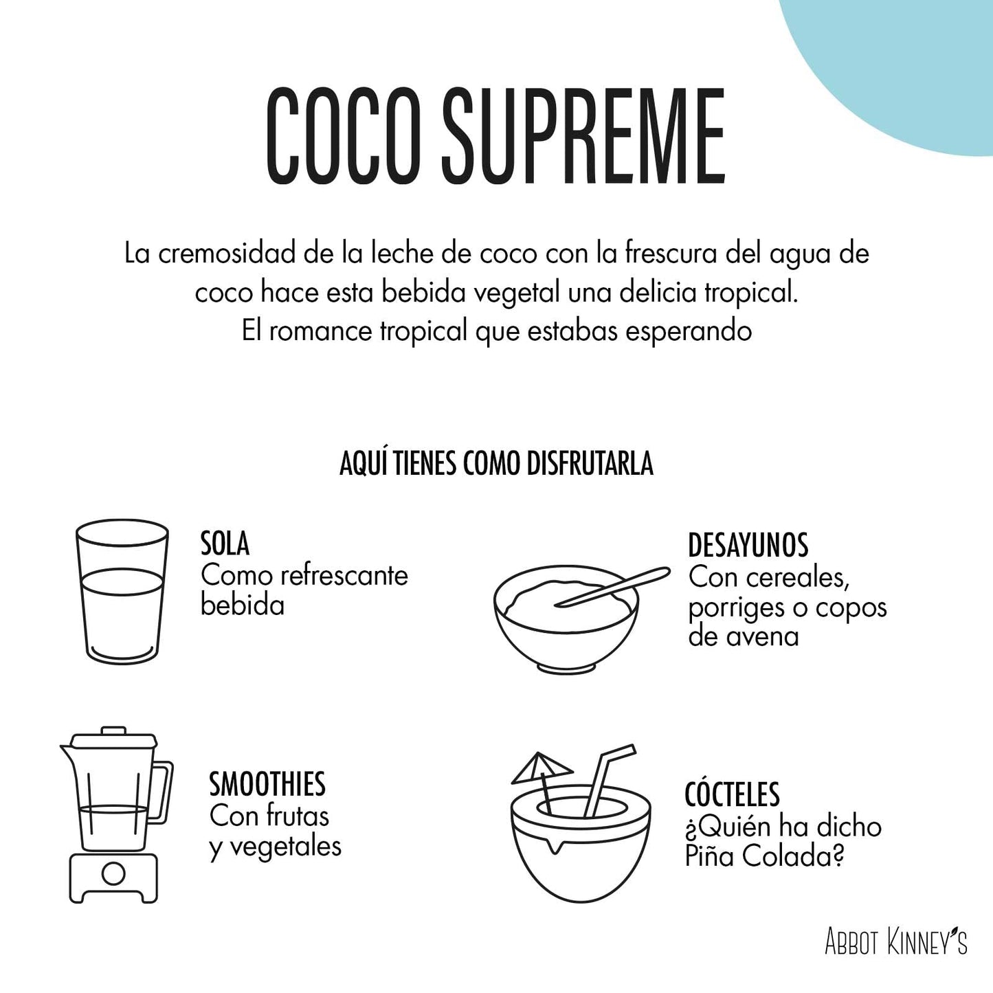 Abbot Kinney's - Pack de 6 Unidades de 1 L de Bebida Ecológica Vegetal de Coco Supreme - Sin Azúcar Añadido - Apto para Veganos - Sin Lactosa - Ideal para Tomar Sola, con Café o en Batidos