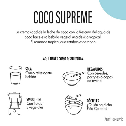 Abbot Kinney's - Pack de 6 Unidades de 1 L de Bebida Ecológica Vegetal de Coco Supreme - Sin Azúcar Añadido - Apto para Veganos - Sin Lactosa - Ideal para Tomar Sola, con Café o en Batidos