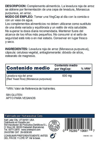 SOLARAY® Red Yeast Rice. 45 VegCaps. Formula de cuidado cardiovascular a base de Monascus purpureus. Sin gluten. Apto para veganos.