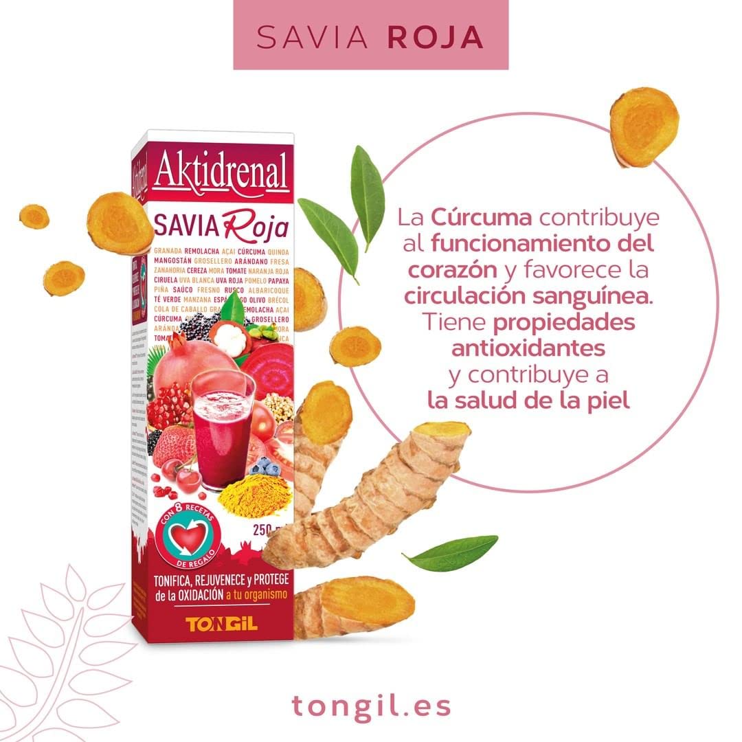 Tongil - Aktidrenal Savia Roja 250ml - Concentrado de Plantas, Frutos Rojos, Verduras, Quinoa, Vitaminas y Minerales - Más de 35 nutrientes para tonificar, rejuvenecer y combatir la oxidación