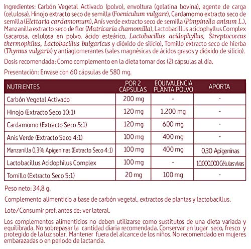 Nature Essential | Carbón Vegetal Activado | 1500 mg | 60 Cápsulas | Anís Verde, Tomillo, Manzanilla e Hinojo | Disminuye Gases Intestinales e Hinchazón Abdominal