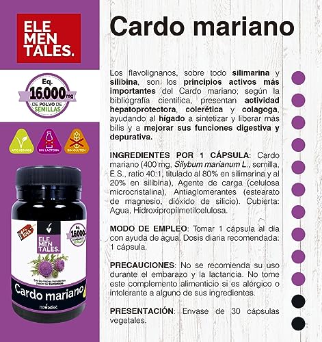 Novadiet - ELEMENTALES CARDO MARIANO Cápsulas con Cardo Mariano – Complemento Alimenticio Para la Salud del Hígado y la Vesícula Biliar - 30 Cápsulas Vegetales