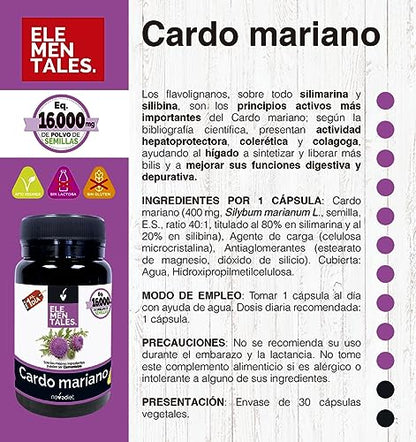 Novadiet - ELEMENTALES CARDO MARIANO Cápsulas con Cardo Mariano – Complemento Alimenticio Para la Salud del Hígado y la Vesícula Biliar - 30 Cápsulas Vegetales
