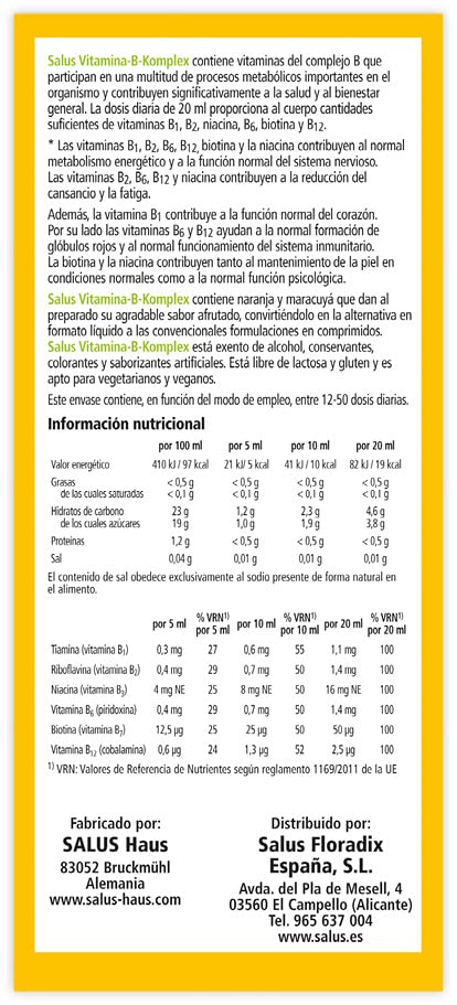 Salus - Vitamina-B-Komplex Complemento Alimenticio - 250 ml - Mejora tu Salud y Contribuye al Bienestar General - Fórmula Líquida de Vitaminas del Grupo B, Plantas y Zumos de Fruta