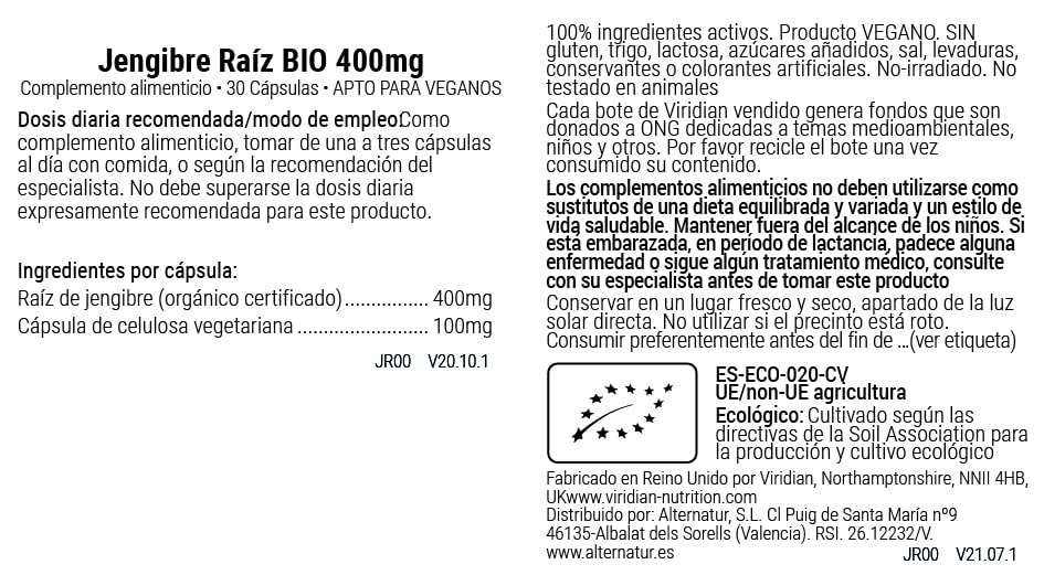 Viridian Jengibre Raiz Bio - 30 Cápsulas