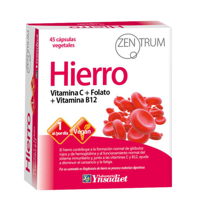 Hierro Bisglicinato con Vitamina C, B12 y Ácido Fólico | 45 Cápsulas Vegetales | Alta Absorción | Disminuye el Cansancio y la Fatiga | Laboratorios Ynsadiet