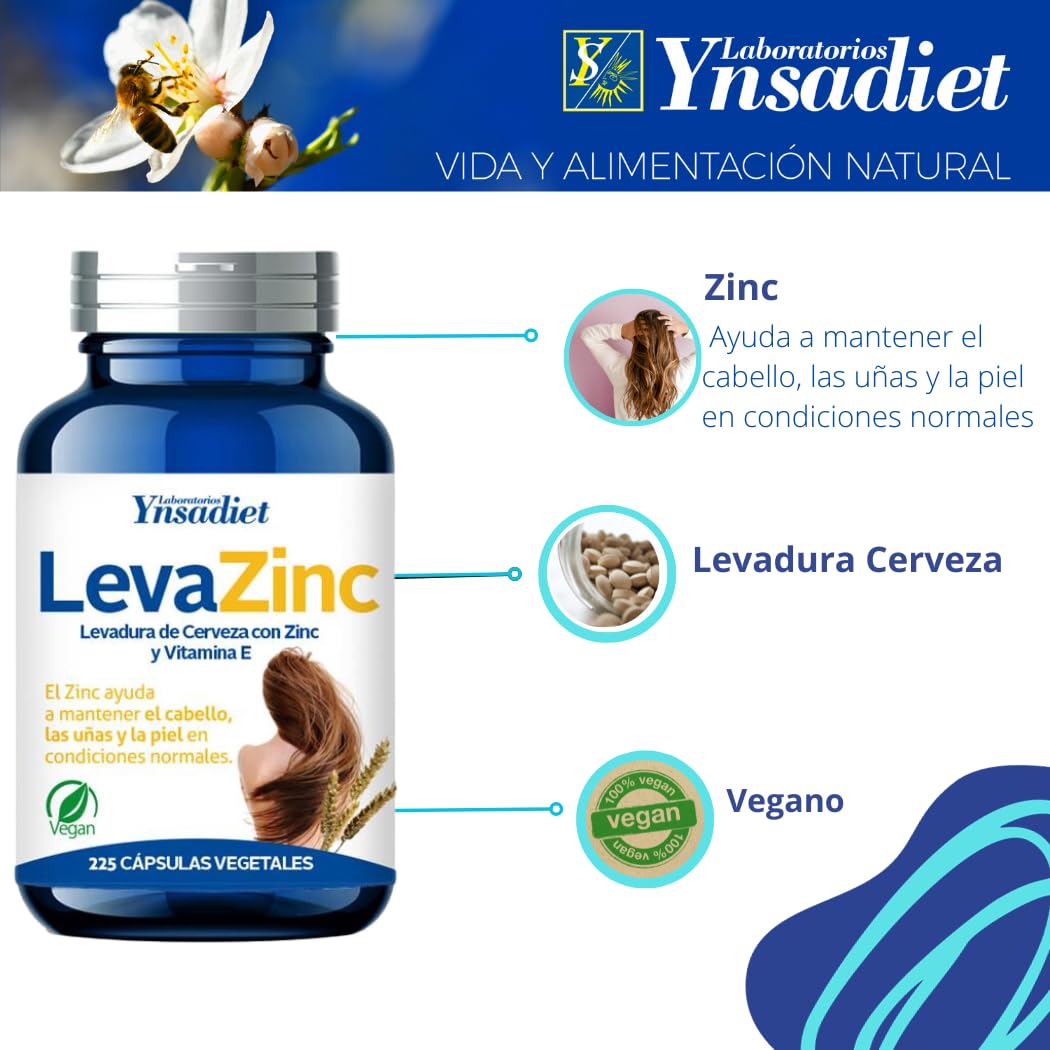 LEVA ZINC Complemento alimenticio de zinc, levadura de cerveza y vitamina E para ayudar a prevenir la caída del cabello también bueno para cabello piel y uñas Suplemento de vitaminas para fortalecer el pelo 225 cápsulas vegetales HIJAS DEL SOL vegano