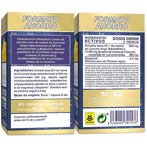 Cúrcuma con Pimienta Negra | Cúrcuma Estado Puro 10000mg | Antiinflamatorio Natural, 25x Veces Más Concentrada, Tres Tipos de Curcumina | 80 Cápsulas de Cúrcuma Tongil