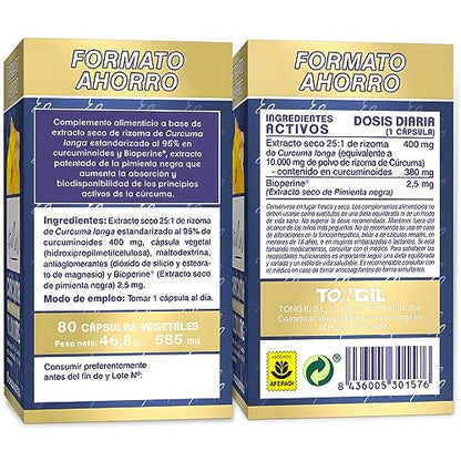 Cúrcuma con Pimienta Negra | Cúrcuma Estado Puro 10000mg | Antiinflamatorio Natural, 25x Veces Más Concentrada, Tres Tipos de Curcumina | 80 Cápsulas de Cúrcuma Tongil