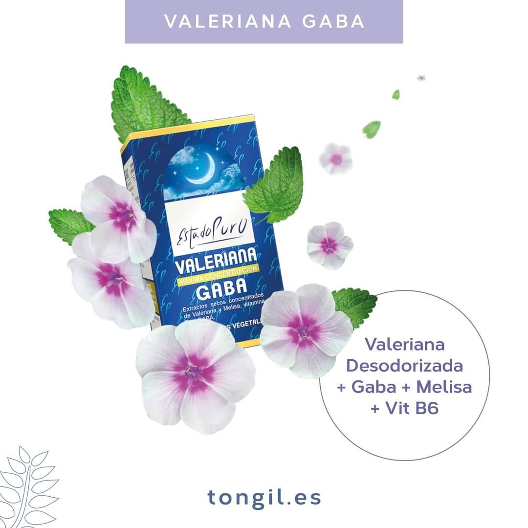 Valeriana GABA Estado Puro. Relajante Natural para Dormir Mejor. Valeriana Desodorizada + Melisa + GABA + Vitamina B6. Ayuda a Conciliar y Mantener el Sueño. 40 Cápsulas Vegetales de Tongil