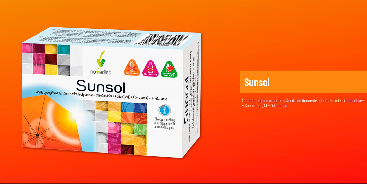 Novadiet - SUNSOL Cápsulas con HMB, Aceite de Coco, L-Triptófano, Carnitina, Café Verde y Colina - Para Potenciar y Mantener el Bronceado - Protección Solar para una Piel Radiante - 30 Cápsulas