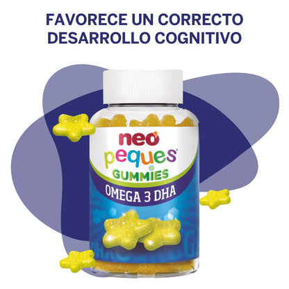 Neo Peques - Gummies de Omega 3 y DHA para Niños - Veganas - Sabor Limón - 30 Unidades - Favorece la Memoria - Gominolas a Base de Colina y Vitaminas del Grupo B - Para Mayores de 3 Años
