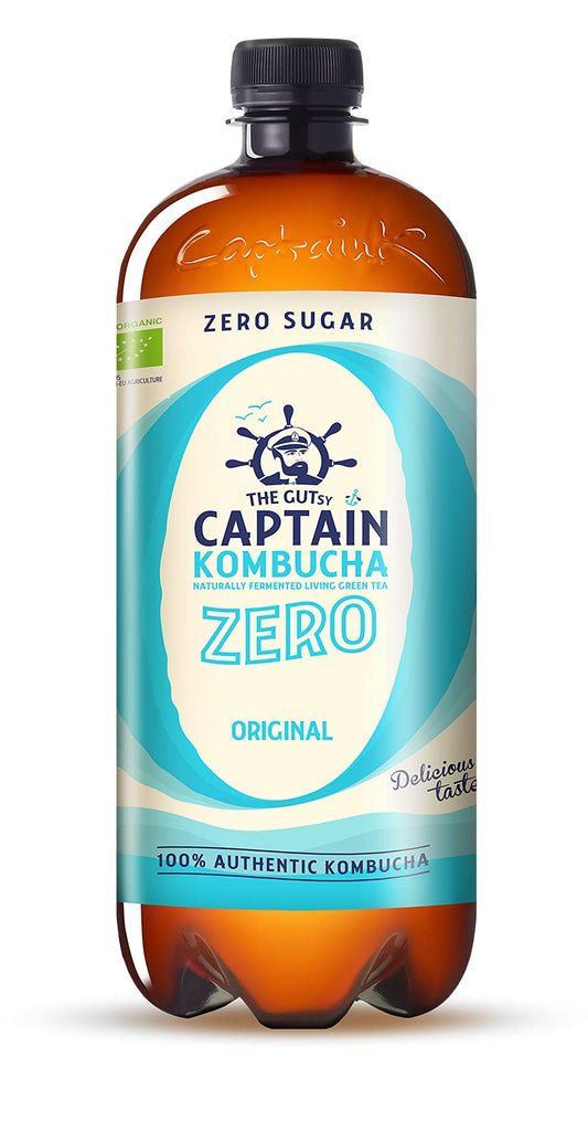 Captain Kombucha ZERO - Zero Sugar, Zero Calories - Bebida Probiótica Naturalmente Fermentada, Sin Pasteurizar, Vegan - 1000ml (Original)