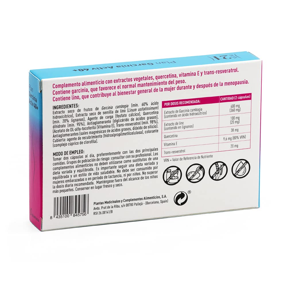 PLAMECA - Plan Garcinia Activ 40+, Favorece el Mantenimiento y el Control de Peso Corporal, Ayuda durante y tras la Menopausia, Incluye Garcinia, Lino, Quercetina y Resveratol - 60 Cápsulas Vegetales