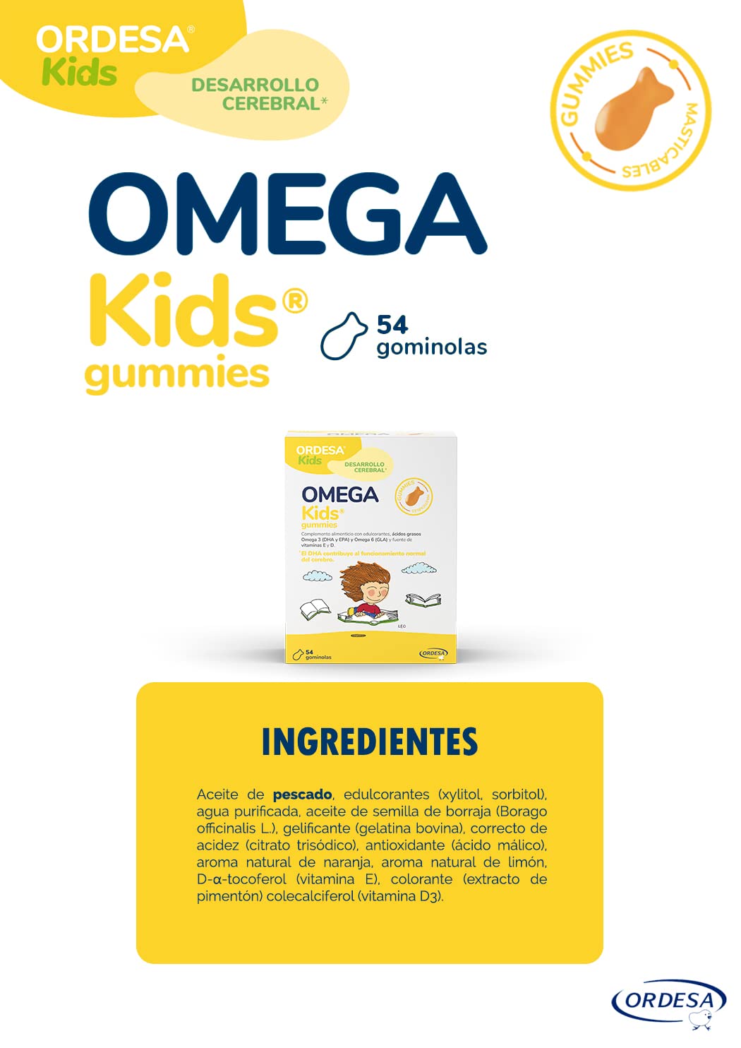 Ordesa OmegaKids Gummies | 54 Gominolas Masticables Complemento | Alimenticio con Omega 3 y Vitaminas para Niños desde los 5 Años, Ayuda al aporte adecuado de EPA y DHA