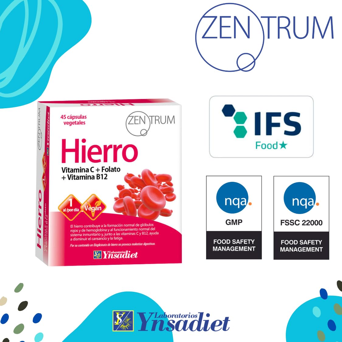 Hierro Bisglicinato con Vitamina C, B12 y Ácido Fólico | 45 Cápsulas Vegetales | Alta Absorción | Disminuye el Cansancio y la Fatiga | Laboratorios Ynsadiet