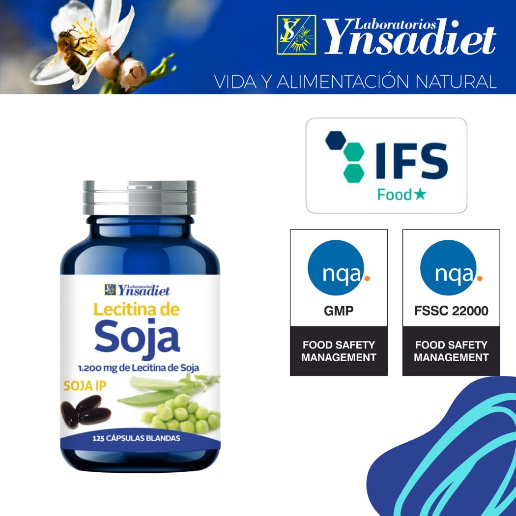 Lecitina de Soja IP 1.200 mg – 125 cápsulas blandas | No transgénica | Con fosfolípidos, colina e inositol | Ynsadiet | Apoya colesterol y memoria