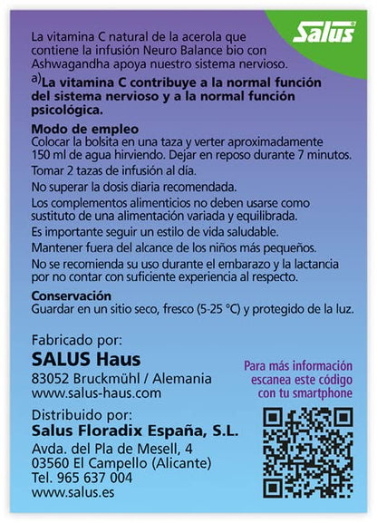 Salus - Neuro Balance Infusión Herbal - 15 Sobres - Contribuye al Buen Funcionamiento del Sistema Nervioso - Elaborado a Base de Ashwagandha, Pasiflora y Melisa - Contiene Vitamina C