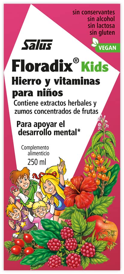 Salus - Floradix Kids Suplemento de Hierro - 250 ml - Reduce el Cansancio y la Fatiga - Contiene Hierro y Vitaminas B1, B2, B6, B12 y C - Apoya el Desarrollo Mental y la Función Cognitiva