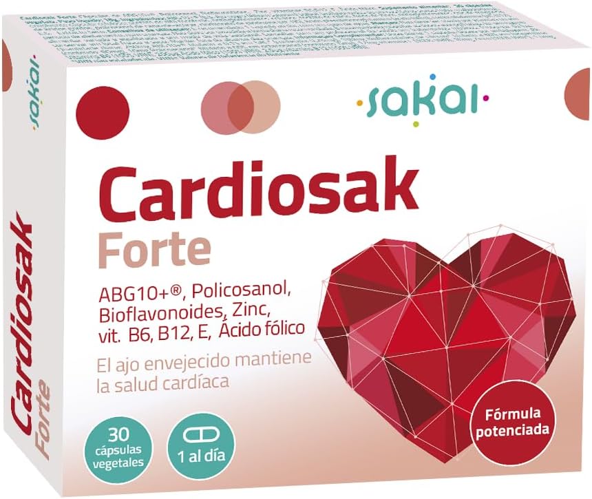 Cardiosak Forte SAKAI | Ajo Negro ABG10+® 250 mg con Vitaminas B6, B12, E, Zinc y Ácido Fólico | Apoyo al Colesterol y Bienestar Cardiovascular | 30 Cápsulas