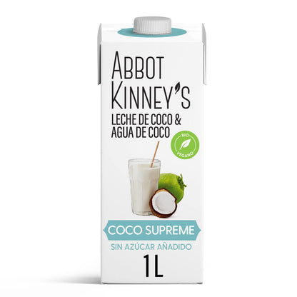 Abbot Kinney's - Pack de 6 Unidades de 1 L de Bebida Ecológica Vegetal de Coco Supreme - Sin Azúcar Añadido - Apto para Veganos - Sin Lactosa - Ideal para Tomar Sola, con Café o en Batidos