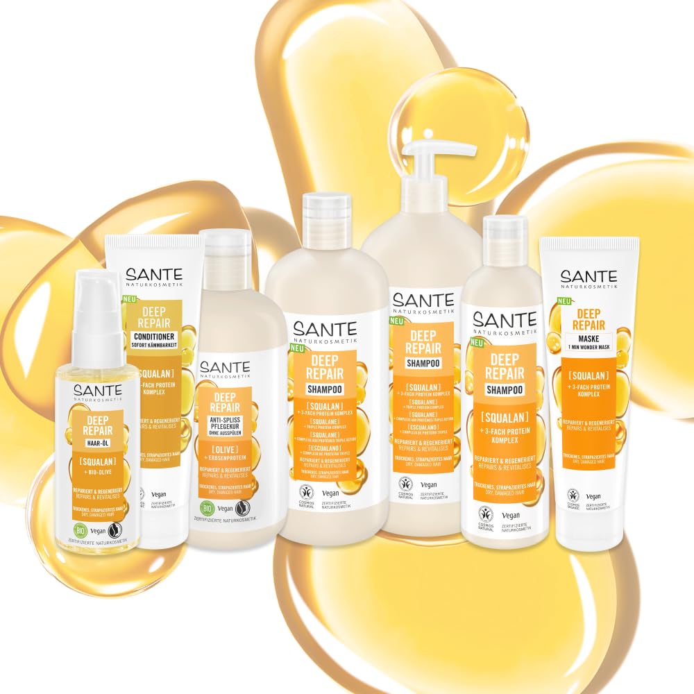 SANTE Naturkosmetik Deep Repair - Champú escualano + complejo de proteínas de 3 capas, champú vegano para el cuidado del cabello suave y brillante, repara el cabello seco y dañado, 950 ml