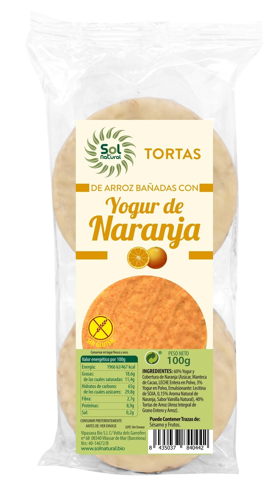 SOLNATURAL TORTAS DE ARROZ Yogur Y Naranja 100 g, No aplicable