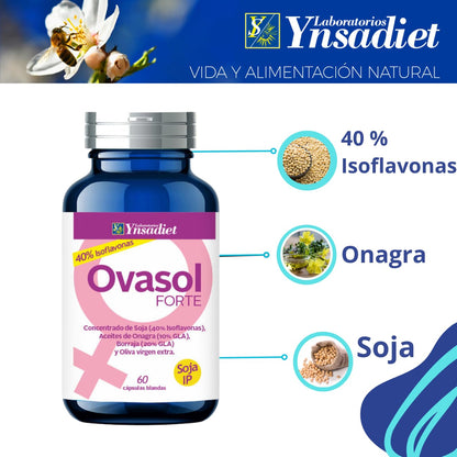 Ovasol Forte 60 cápsulas | Isoflavonas de Soja 40% | Aceite de Onagra, Borraja y Oliva Virgen Extra | Con Vitamina E | Complemento alimenticio para el bienestar femenino