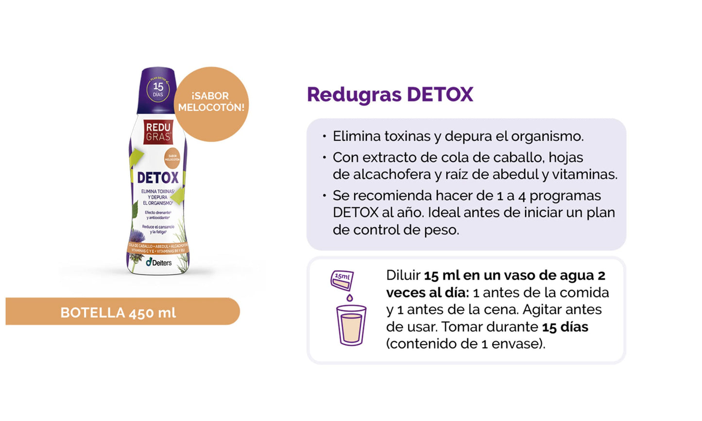 DEITERS - Redugras Detox 540 ml, Complemento Alimenticio, Depurativo el Organismo y Elimina Toxinas, con Vitamina B6, B12 y Cola de Caballo, Efecto Drenante y Antioxidante, Reduce Cansancio