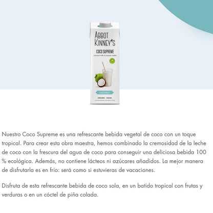 Abbot Kinney's - Pack de 6 Unidades de 1 L de Bebida Ecológica Vegetal de Coco Supreme - Sin Azúcar Añadido - Apto para Veganos - Sin Lactosa - Ideal para Tomar Sola, con Café o en Batidos