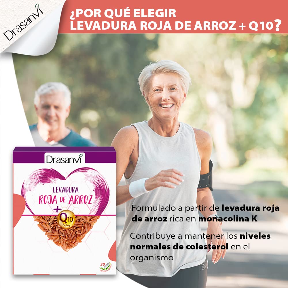 DRASANVI Levadura Roja de Arroz con Coenzima Q10 | 2,9 mg de Monocolina K | Contribuye a Mantener los Niveles Normales de Colesterol | Participa en la Producción de ATP | 30 cáps. = 30 Días