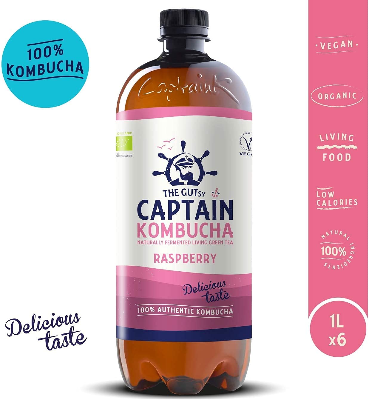 Captain Kombucha – Bebida Probiótica Naturalmente Fermentada, Sin Aditivos ni Conservantes, Sin Colorantes ni Sabores Artificiales, Sin Pasteurizar, Vegan - 6 x 1000ml