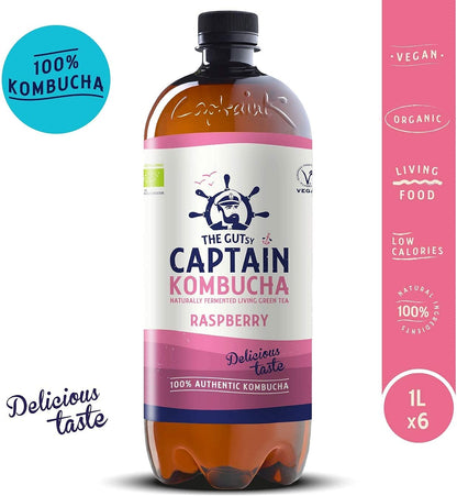 Captain Kombucha – Bebida Probiótica Naturalmente Fermentada, Sin Aditivos ni Conservantes, Sin Colorantes ni Sabores Artificiales, Sin Pasteurizar, Vegan - 6 x 1000ml