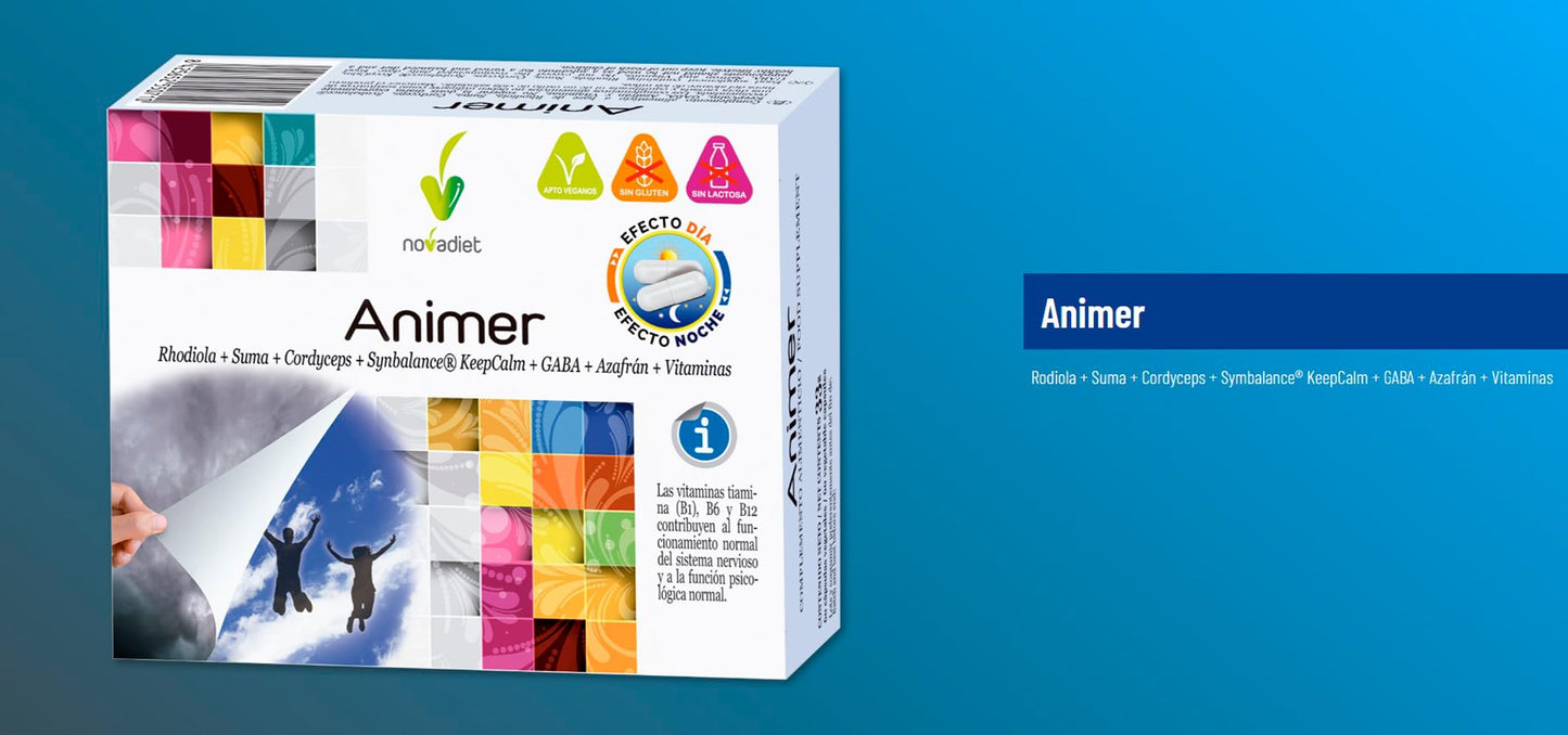 Novadiet – ANIMER Cápsulas con Rodiola, Suma, Cordyceps, Symbalance, KeepCalm, GABA, Azafrán y Vitaminas - Mejora el Estado de Ánimo, Reduce la Fatiga Física y Mental - 60 Cápsulas Vegetales