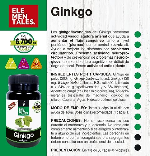 Novadiet - ELEMENTALES GINKGO Cápsulas con Ginkgo Biloba - Complemento Alimenticio - Para la Circulación en Todo el Cuerpo y la Salud Cerebral - 30 Cápsulas Vegetales