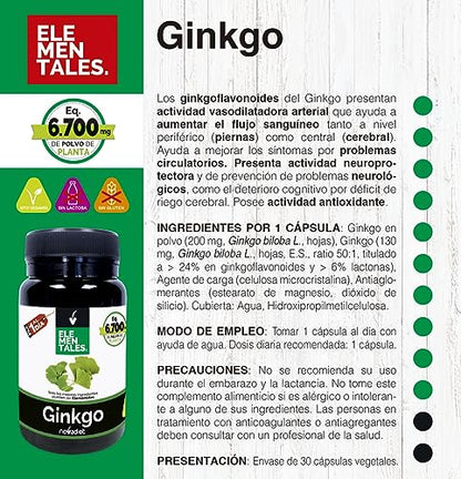 Novadiet - ELEMENTALES GINKGO Cápsulas con Ginkgo Biloba - Complemento Alimenticio - Para la Circulación en Todo el Cuerpo y la Salud Cerebral - 30 Cápsulas Vegetales