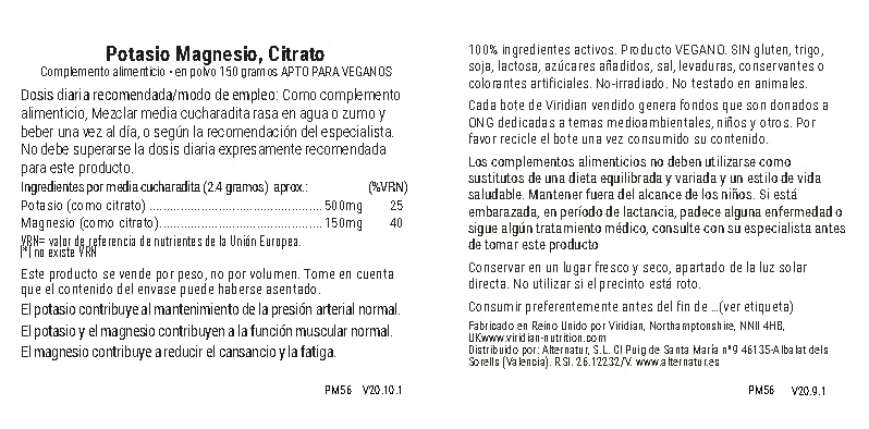 Viridian Potasio, Magnesio y Citrato - 150 gr