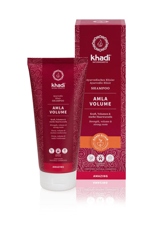 khadi AMLA VOLUME Champú ayurvédico, 100% vegano, sin siliconas ni sulfatos, Cabello potente y con volumen gracias a sus raíces fuertes, favorece el crecimiento del cabello, cosmética natural, 200ml