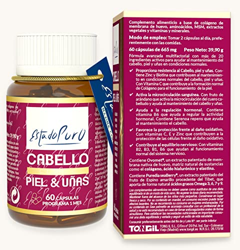 Cabello Piel y Uñas Estado Puro | Vitaminas para el Pelo | Biotina, Zinc, Saw Palmetto, Espino Amarillo | Anticaida Cabello Mujer y Hombre | Tratamiento 1 Mes | 60 Cápsulas Tongil
