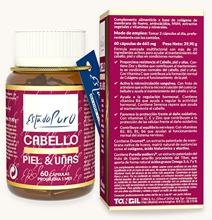 Cabello Piel y Uñas Estado Puro | Vitaminas para el Pelo | Biotina, Zinc, Saw Palmetto, Espino Amarillo | Anticaida Cabello Mujer y Hombre | Tratamiento 1 Mes | 60 Cápsulas Tongil