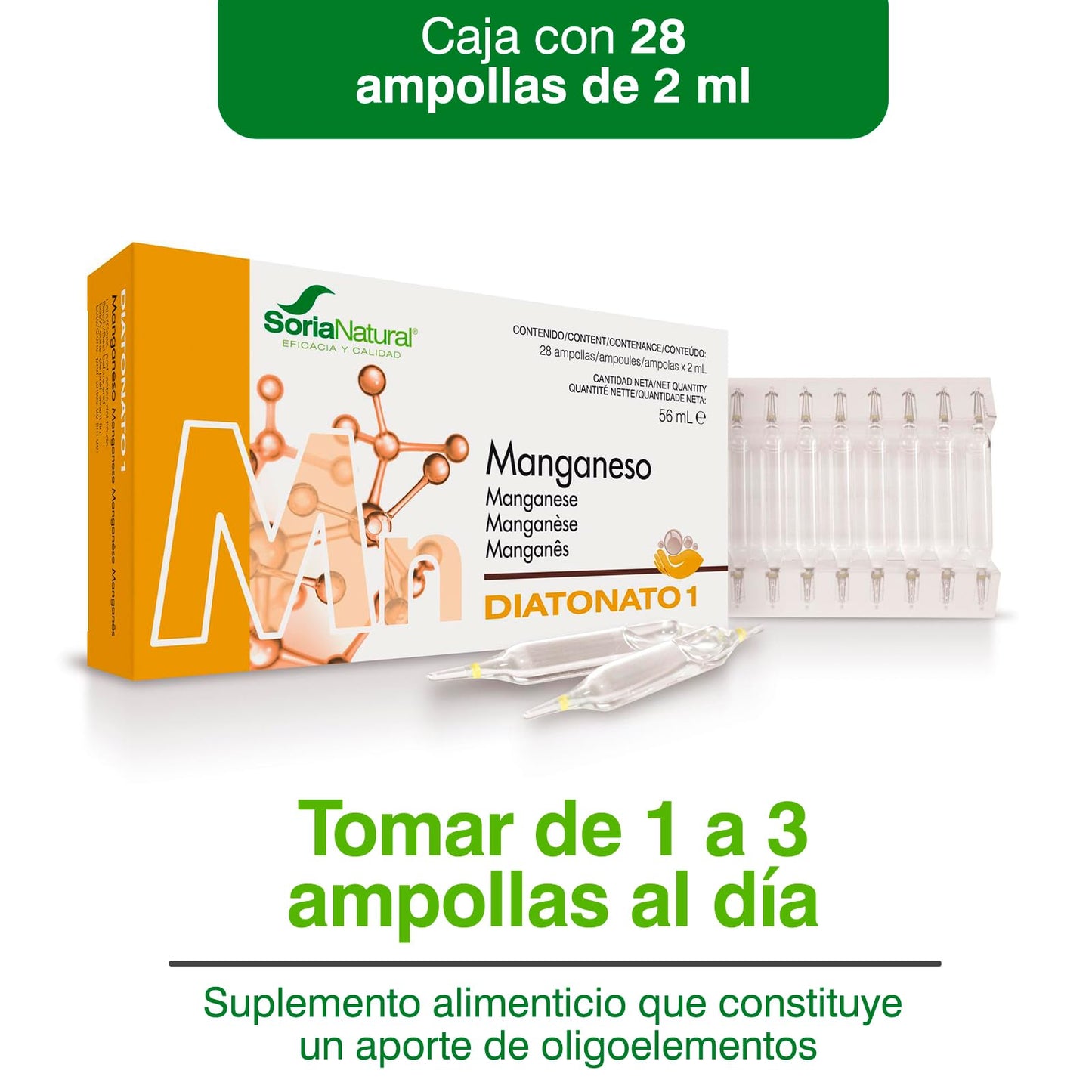 Soria Natural Diatonato 1 Manganeso - Suplemento a Base de Manganeso en Ampollas – Favorece Huesos y Tejidos Conectivos – Ayuda al Metabolismo - Caja con 28 Ampollas de 2 ml