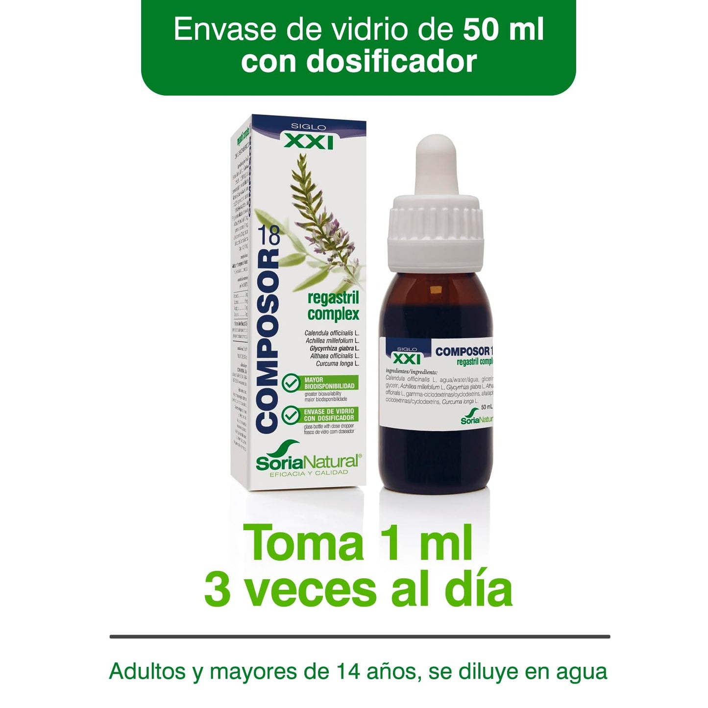 Soria Natural Composor 18 Regastril Complex – Con Caléndula, Milenrama, Regaliz, Malvavisco y Cúrcuma – Favorece la Protección Gástrica - Ayudan a Proteger la Mucosa Gastrointestinal - 50ml