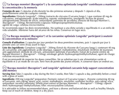 Bacopa monneiri (Brahmi) y Curcumina para Memoria y Concentración Niños Estudiantes Adultos - Suplemento 45 Cápsulas - Optim Memory & Focus