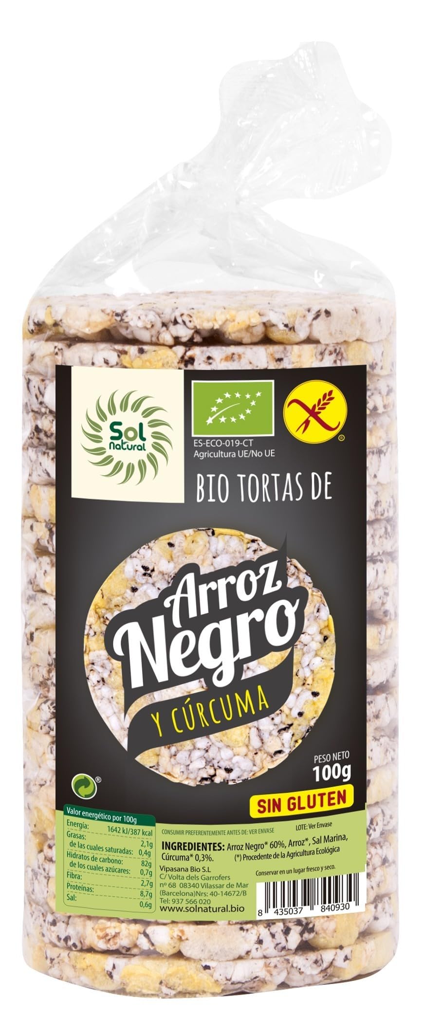 SOLNATURAL TORTAS DE ARROZ Negro Y Curcuma Bio 100 g, Estándar, Único