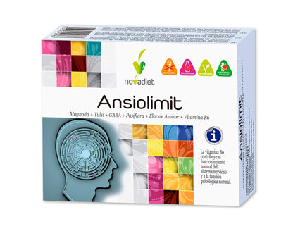Novadiet - ANSIOLIMIT Cápsulas con Vitamina B6, Magnolia, Tulsi, GABA, Pasiflora, Flor de Azahar, Vitamina B6, Ayuda a Disminuir la Ansiedad, Agobio, Estrés y el Nerviosismo - 60 Cápsulas