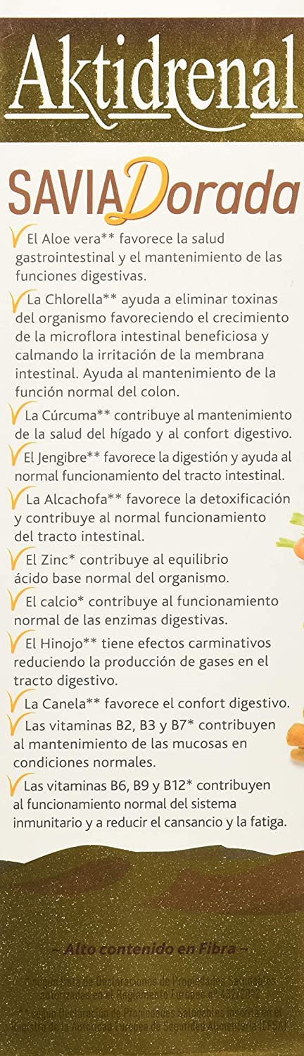 Tongil - Aktidrenal Savia Dorada 250ml - Cúrcuma, Hinojo, Canela, Chlorella, Aloe Vera, Frutas, Verduras, Enzimas, vitaminas y Minerales - Detoxifica y Favorece el Confort Digestivo - Apto Veganos