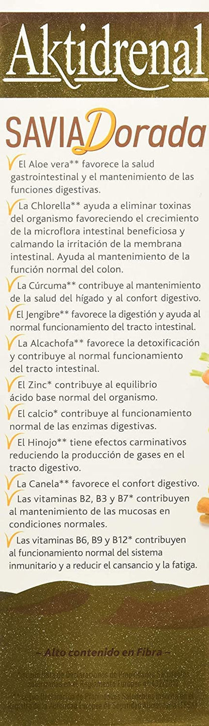 Tongil - Aktidrenal Savia Dorada 250ml - Cúrcuma, Hinojo, Canela, Chlorella, Aloe Vera, Frutas, Verduras, Enzimas, vitaminas y Minerales - Detoxifica y Favorece el Confort Digestivo - Apto Veganos