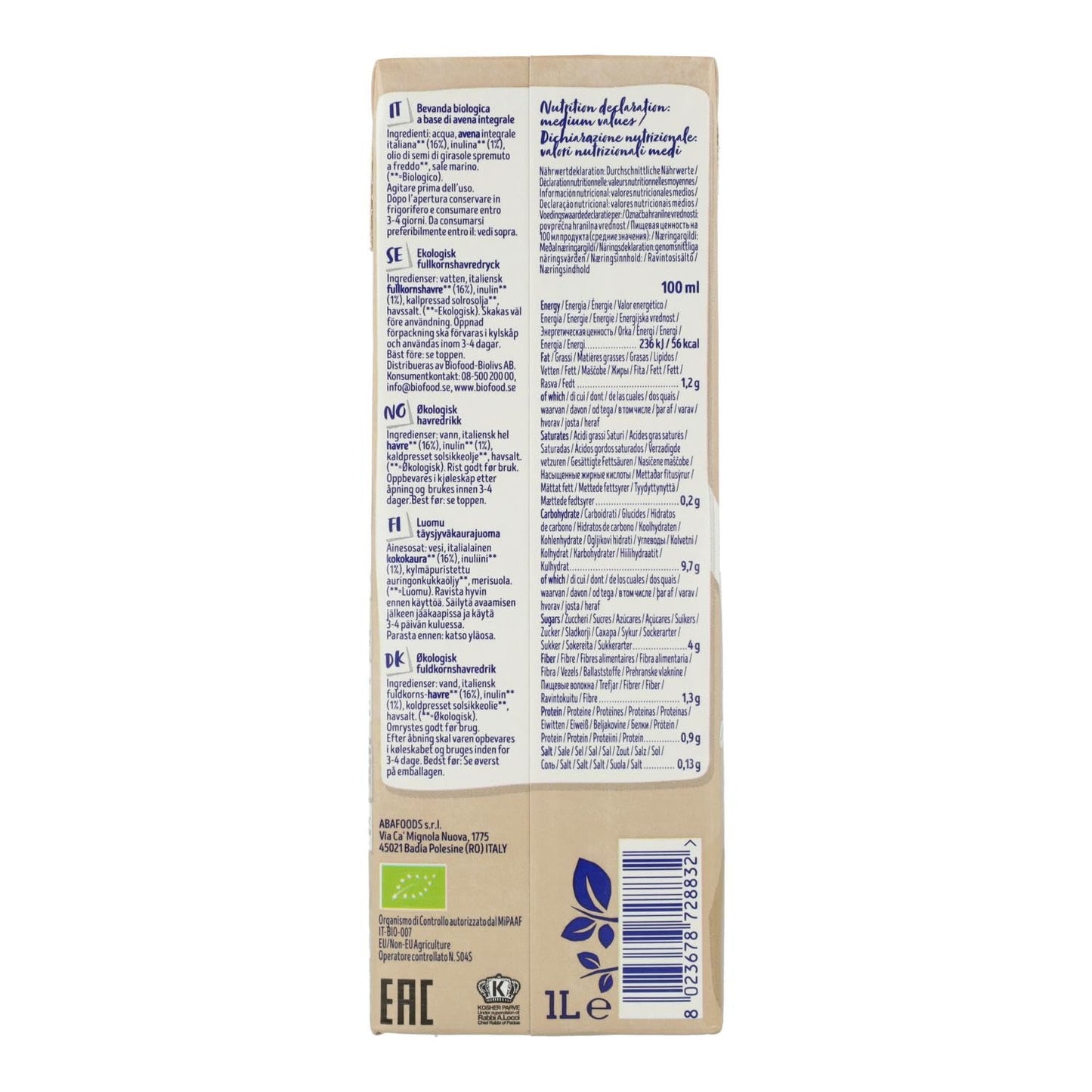 BEBIDA VEGETAL AVENA SIN AZUCAR BIO 1 Litro