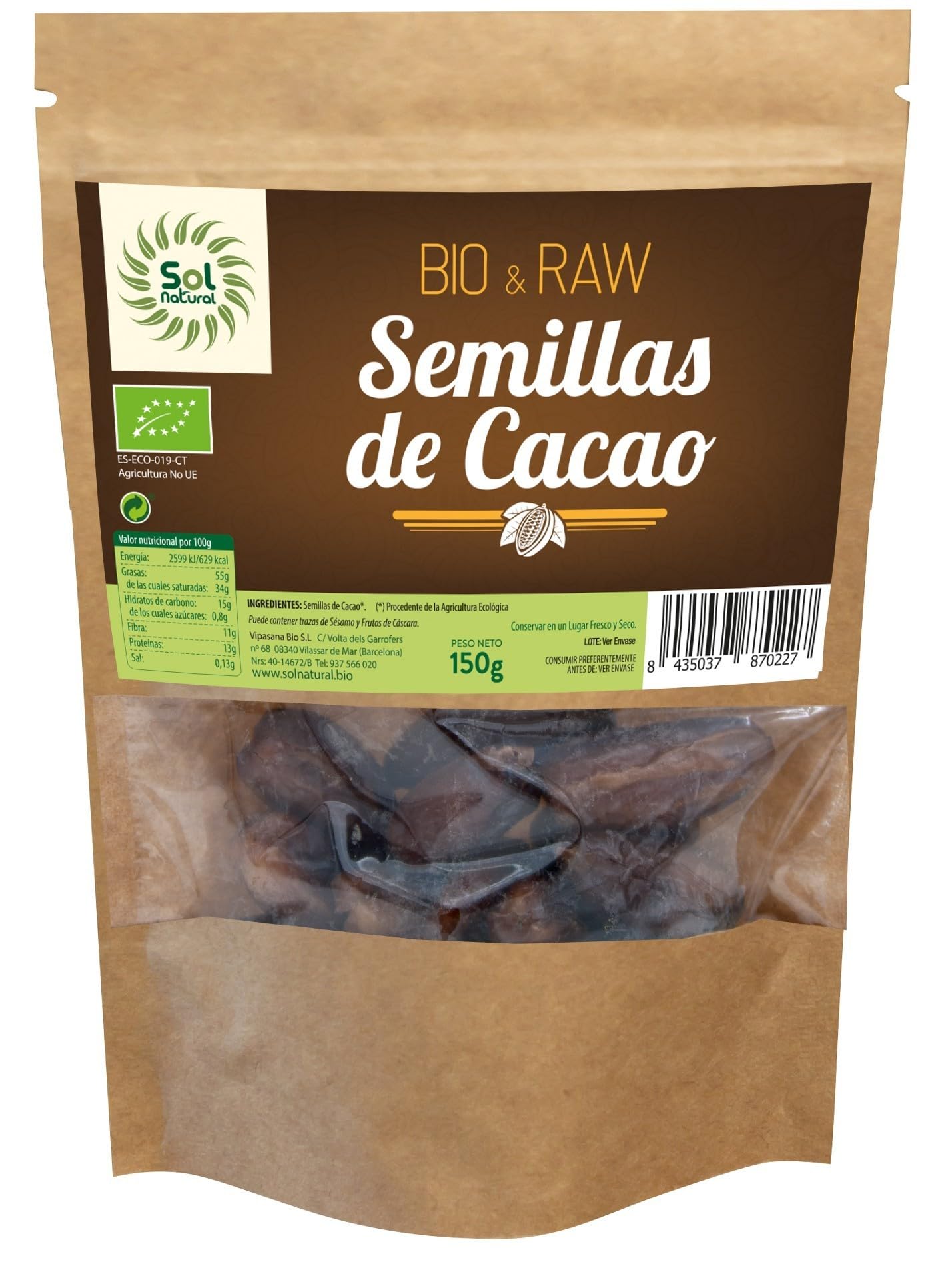 SOLNATURAL Cacao EN Semillas CRUDAS Raw Bio 150 g, Estándar, Único