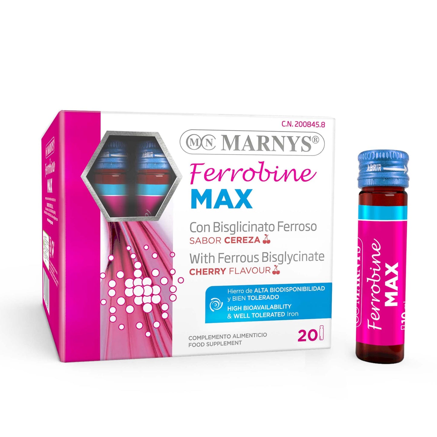 Ferrobine Max - Hierro, Zinc Y Vitaminas - Fortalecer el Cuerpo, Aliviando Cansancio y Fatiga - Para 1 Mes - 20 Viales Monodosis Con Sabor Cereza